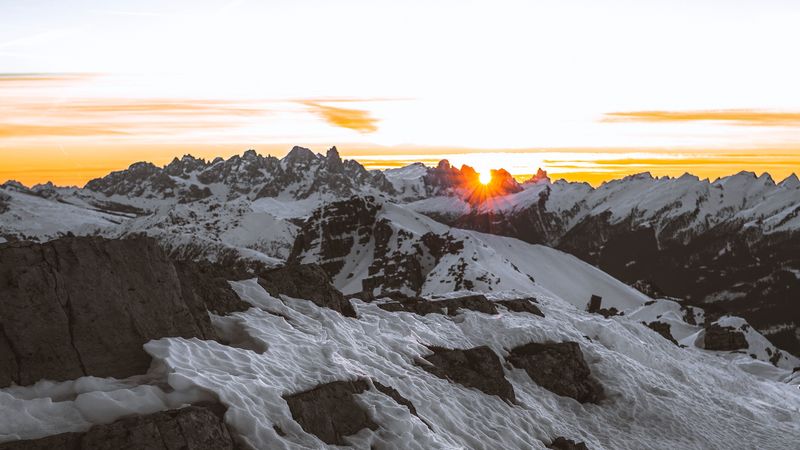 mountains, snow, sunset, nature, 4k