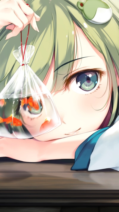 Anime Touhou, Green Hair, Fish, Aqua Eyes, Face, Sanae Kochiya, 720x1280