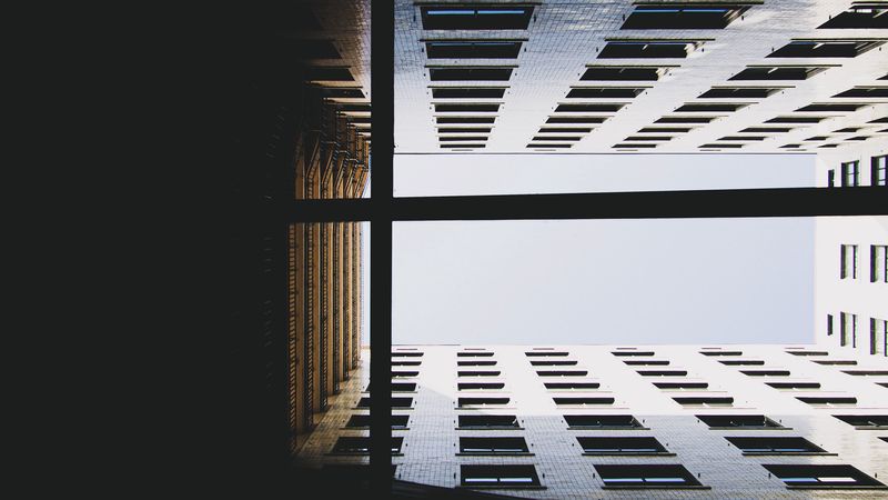 building, dark, sky, bottom view, 4k