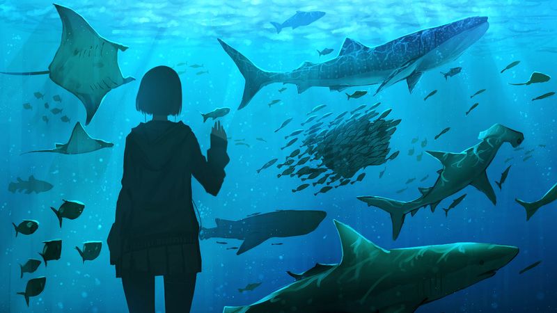 girl, aquarium, fish, underwater world, art, 4k