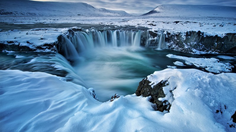 Godafoss, waterfall, winter, Iceland, 4K