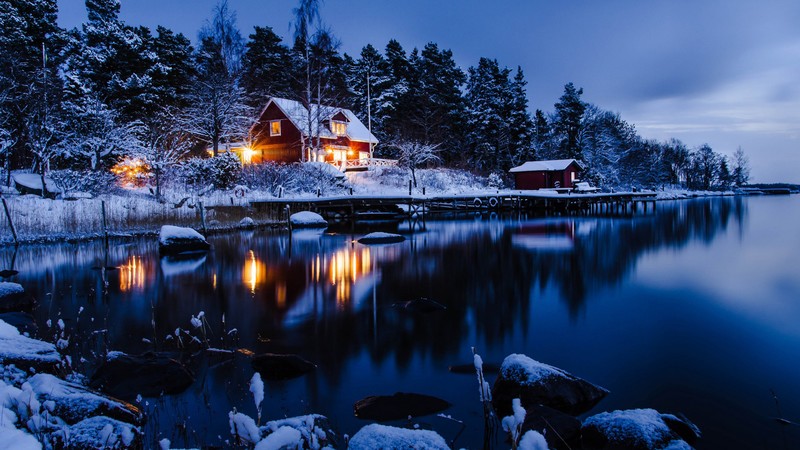 house, lake, trees, winter, 4K