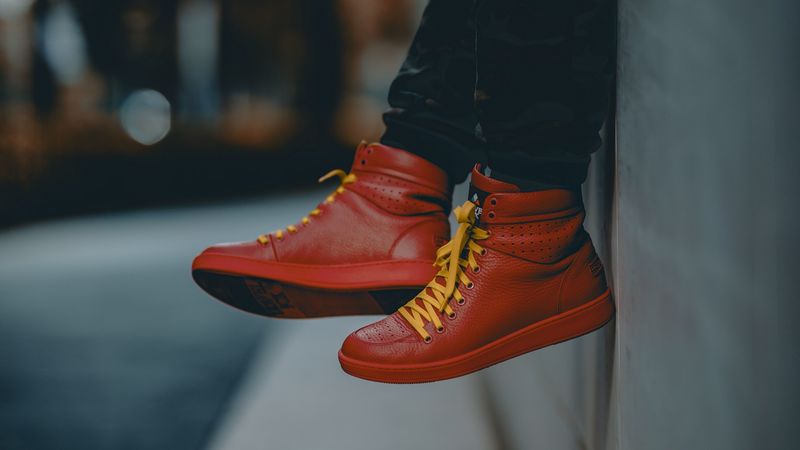 lonely, sneakers, red, legs, street, 4k