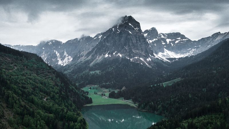 lake, mountains, valley, aerial view, landscape, 4k