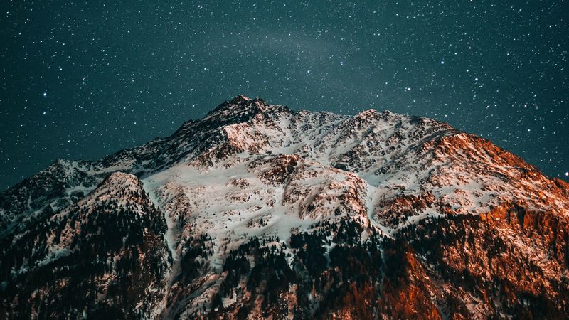 mountains, starry sky, peaks, snow, night, 4k