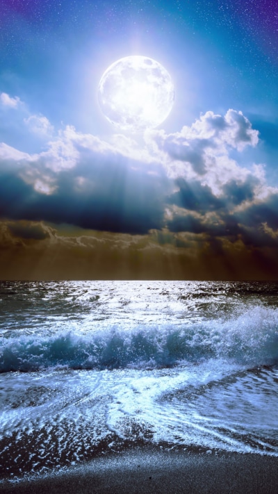 Earth Ocean, Night, Wave, Full Moon, 720x1280