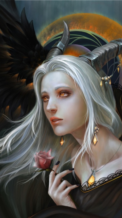 Fantasy Demon, Long Hair, Yellow Eyes, White Hair, Horns, Earrings, 720x1280