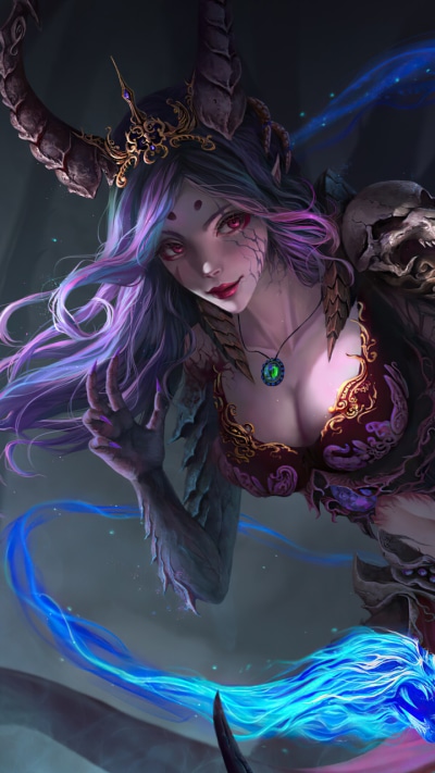 Dark Demon, Flame, Purple Hair, 720x1280