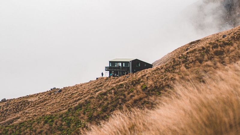 field, meadow, house, fog, 4k