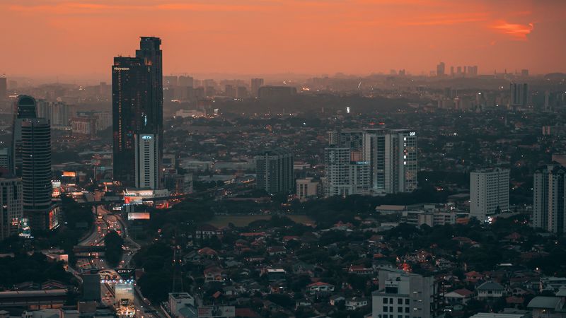 city, metropolis, aerial view, buildings, road, 4k