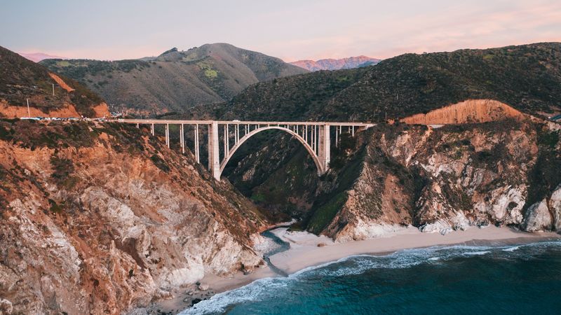 bridge, rocks, peaks, sea, 4k