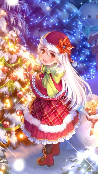 Anime Christmas, Christmas Lights, Long Hair, Orange Eyes, Night, Santa Hat, 720x1280