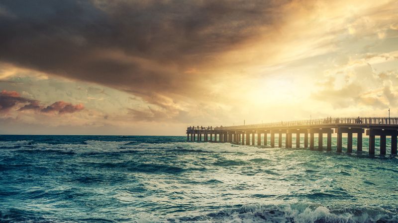 beach, pier, waves, sunset, 4k