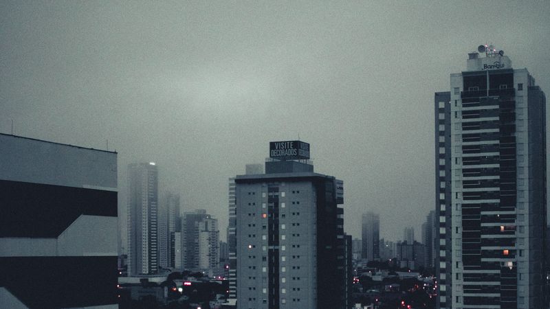 city, buildings, fog, lights, 4k