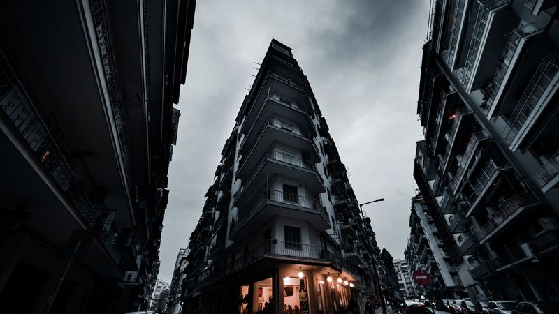 building, bottom view, facade, city, street, 4k