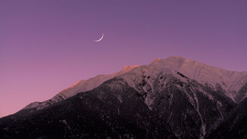 mountains, moon, dusk, sky, purple, 4k