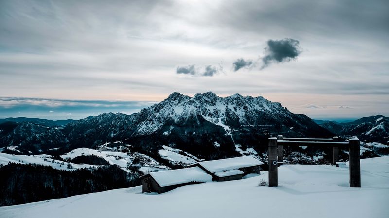 snow, mountains, peaks, buildings, 4k
