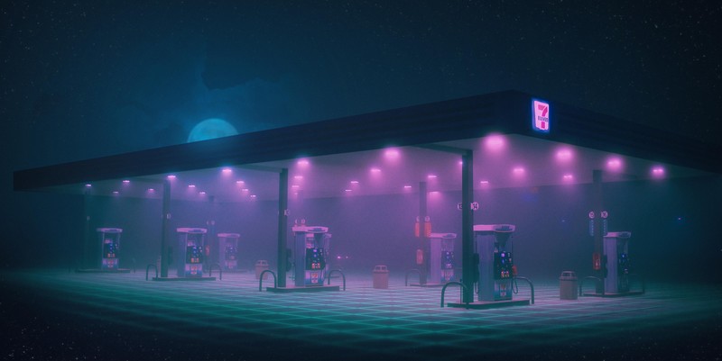 gas station, minimalism, artist, artwork, digital art, hd, minimalist, neon, retro, 4k