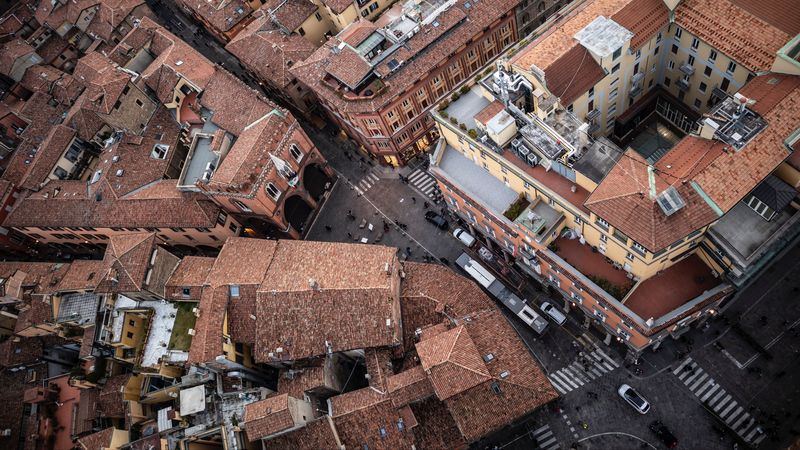 city, aerial view, street, roofs, 4k