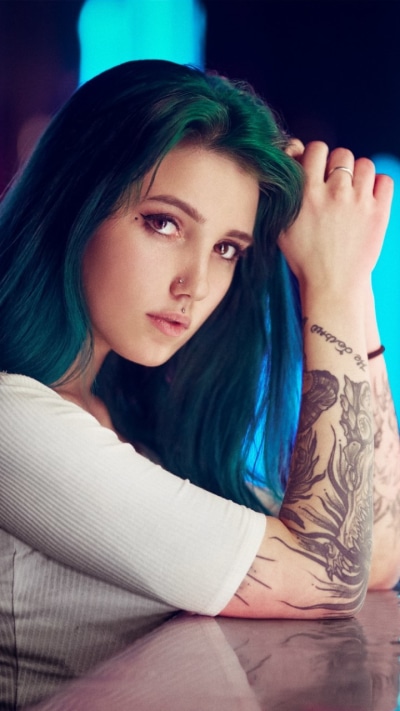 Women Tattoo, Model, Brown Eyes, Blue Hair, 720x1280