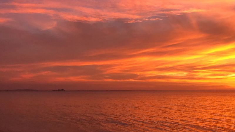 sunset, horizon, coast, orange, 4k