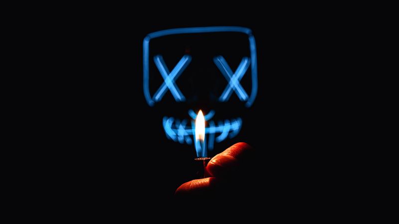 mask, lighter, fire, neon, dark, 4k