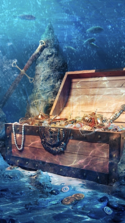 Fantasy Ocean, Skull, Sword, Sea Bed, Treasure, 720x1280