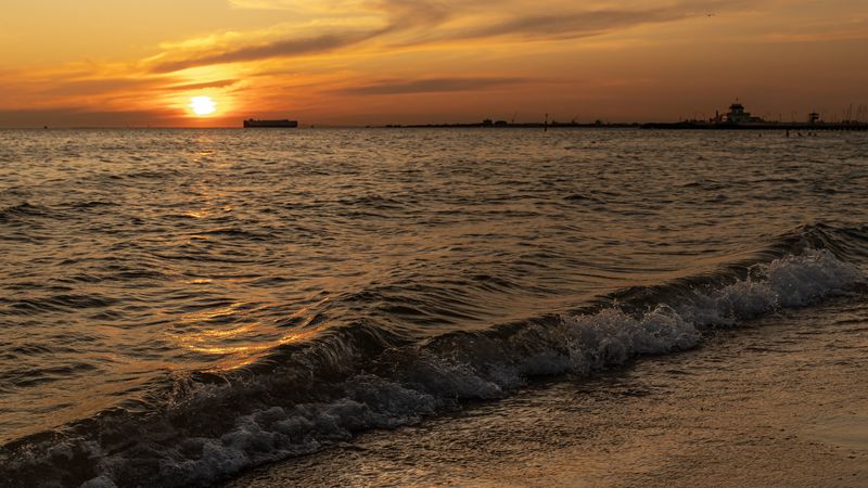 sunset, ocean, waves, beach, surf, 4k