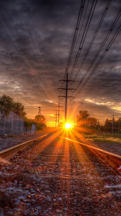 Photography Sunset, Railroad, Sunbeam, Power Line, Cloud, 720x1280