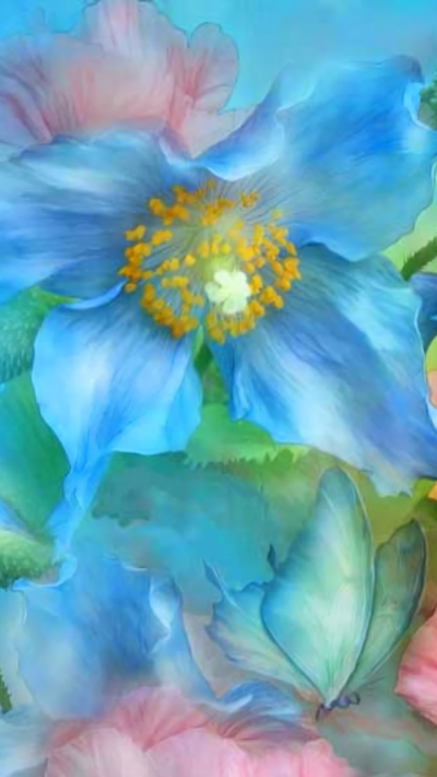 Artistic Flower, Butterfly, Pastel, Blue, 720x1280