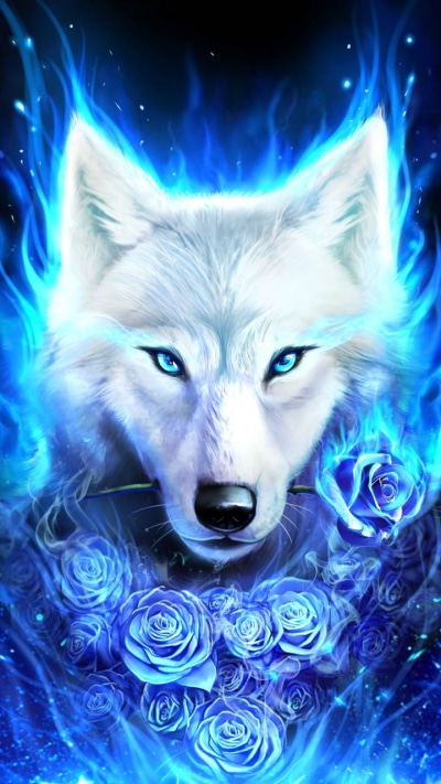 Fantasy Wolf, Blue Flower, Rose, White Wolf, 720x1280