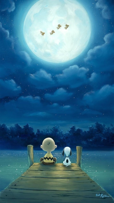 Comics Peanuts, Cartoon, Charlie Brown, Snoopy, Moon, Pier, 720x1280