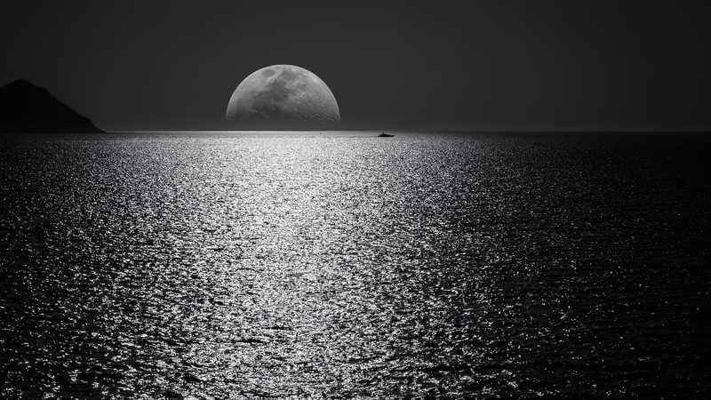 moon, evening, seascape, night, nature, hd, 4k, 5k, monochrome, black and white