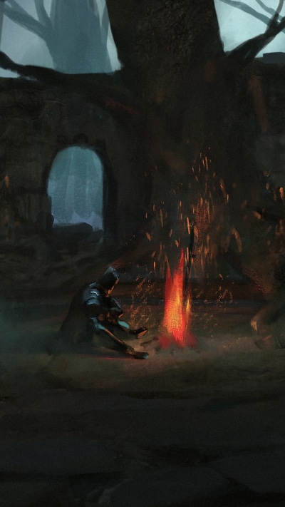 Video Game Dark Souls, Warrior, Bonfire, Night, Ruin, 720x1280