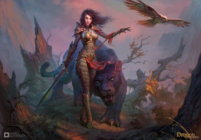 dragon eternity, fantasy girls, games, hd, 4k, 5k, warrior, tiger, sword, deviantart