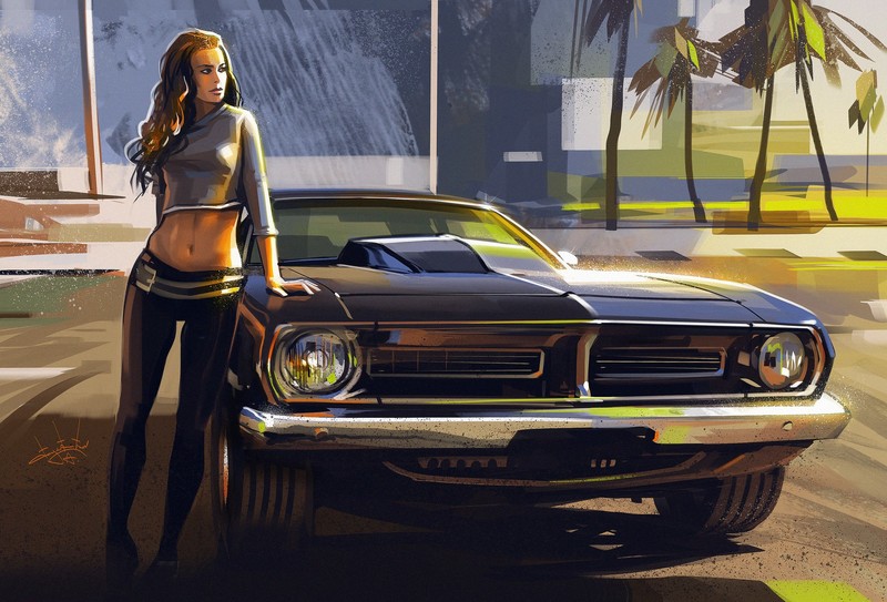 car, girl, artwork, hd, artist, artstation