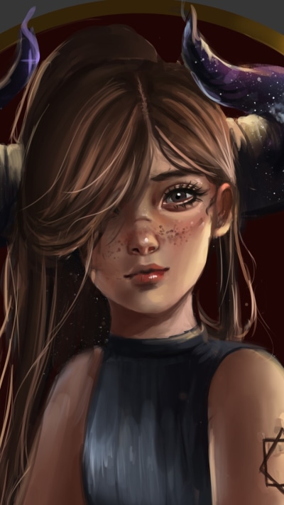 Fantasy Demon, Brown Hair, Horns, Freckles, Face, Long Hair, 720x1280