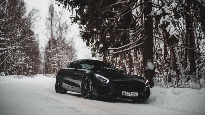 mercedes-benz, car, sportscar, black, snow, forest, 4k