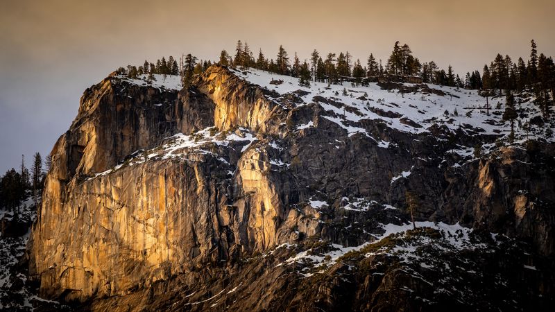 mountain, cliff, rock, trees, snow, 4k