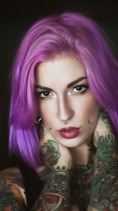 Women Tattoo, Lipstick, Model, Brown Eyes, Purple Hair, Face, 720x1280