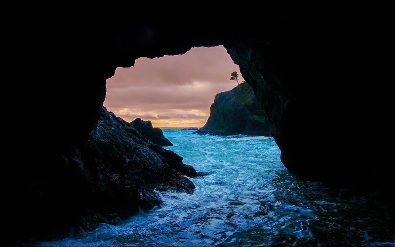 cave, sunset, sea, nature, hd