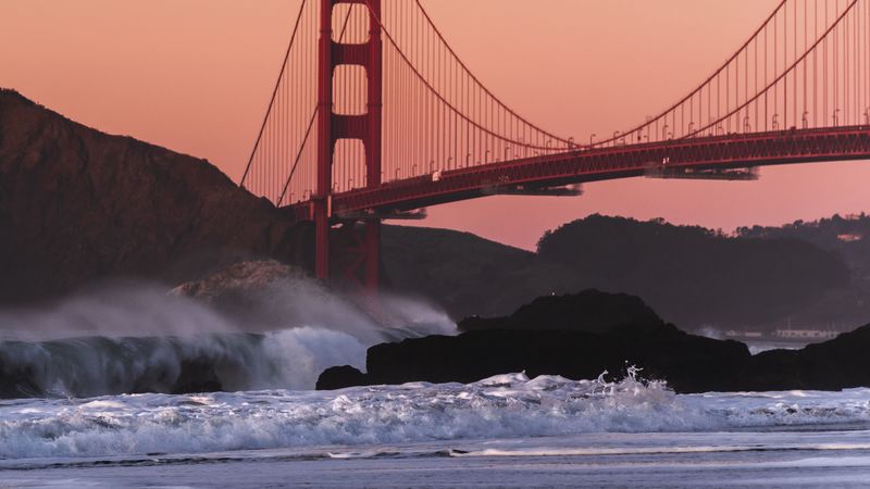 bridge, rocks, waves, spray, shore, 4k