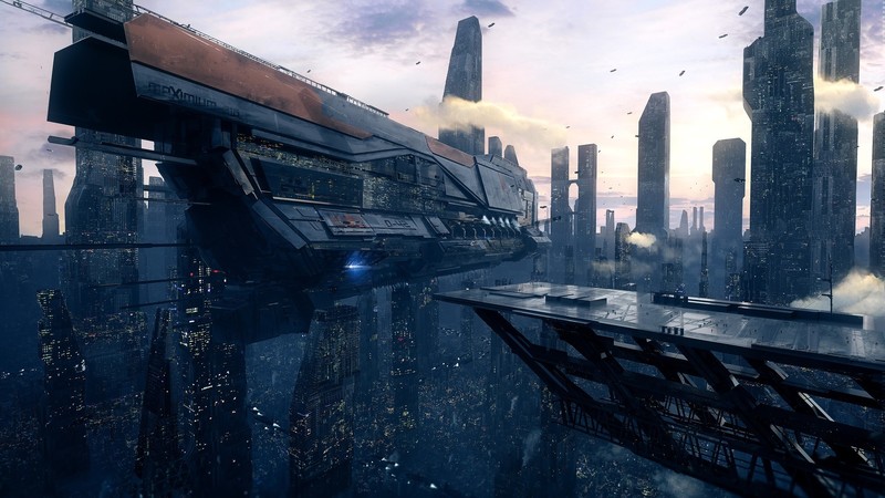 spaceship, scifi, artist, artwork, digital art, hd, skycrapper, city