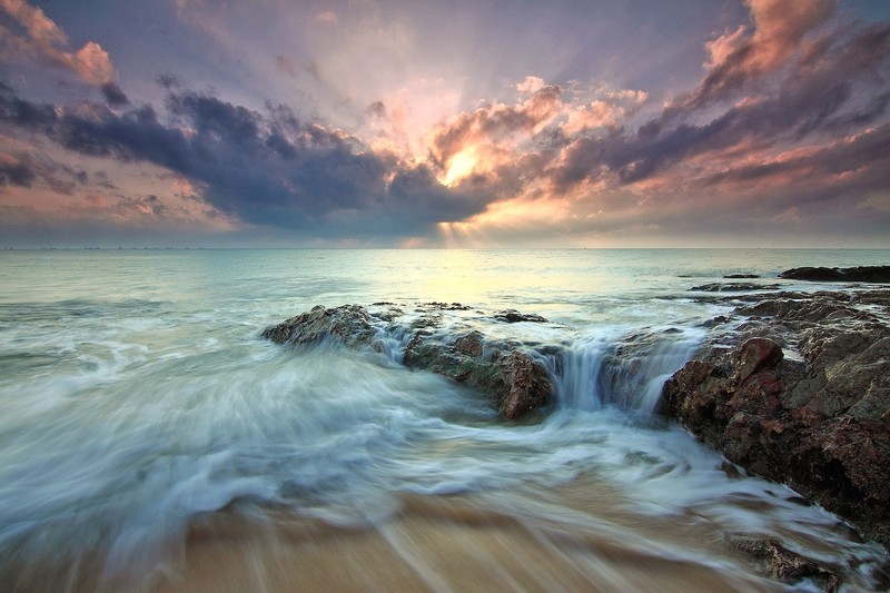 beach, sea, dawn, dusk, landscape, ocean, rocks, sunlight, nature, hd