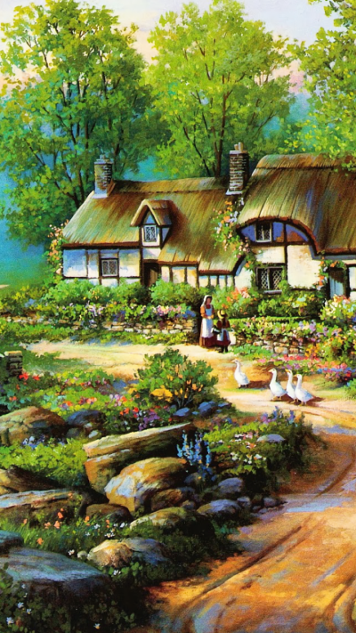 Artistic Painting, Cottage, Bridge, Goose, Flower, Landscape, 720x1280
