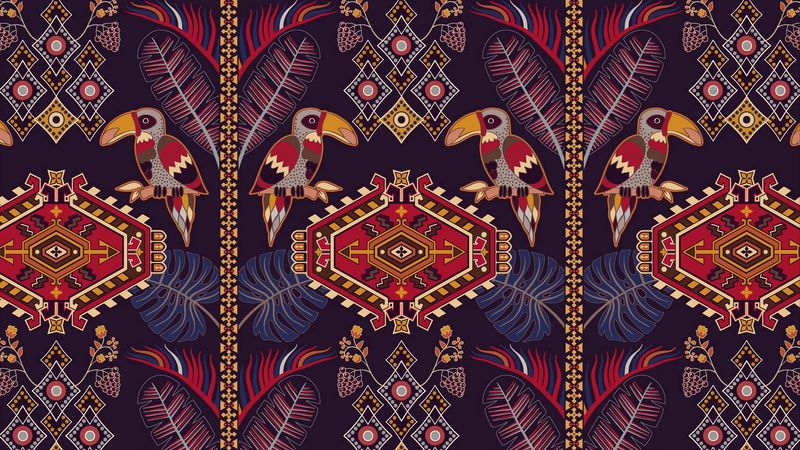 pattern, ornament, motive, toucans, colorful, 4k