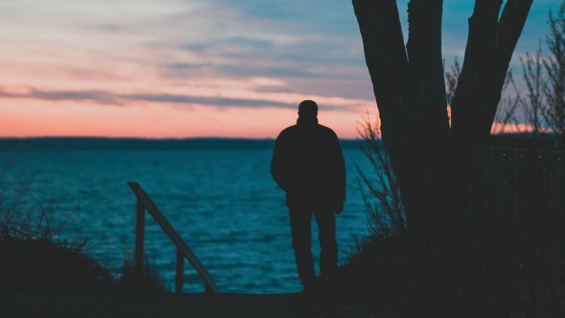 lonely, silhouette, sad, sunset, man, 4k
