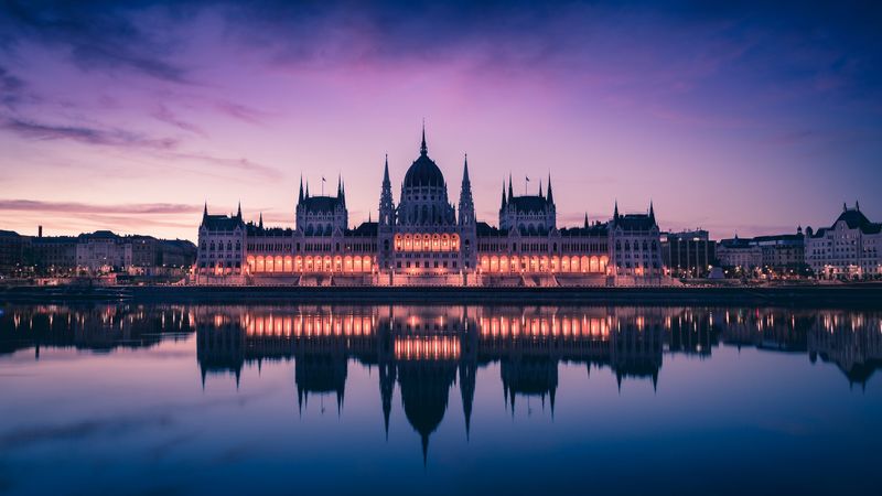 hungary, building, sunset, facade, lights, 4k