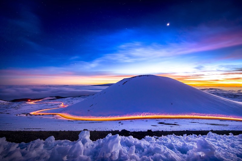long exposure, light, trails, nature, snow, sunset, hd