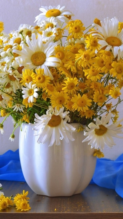 Man Made Flower, Daisy, White Flower, Yellow Flower, Vase, 720x1280